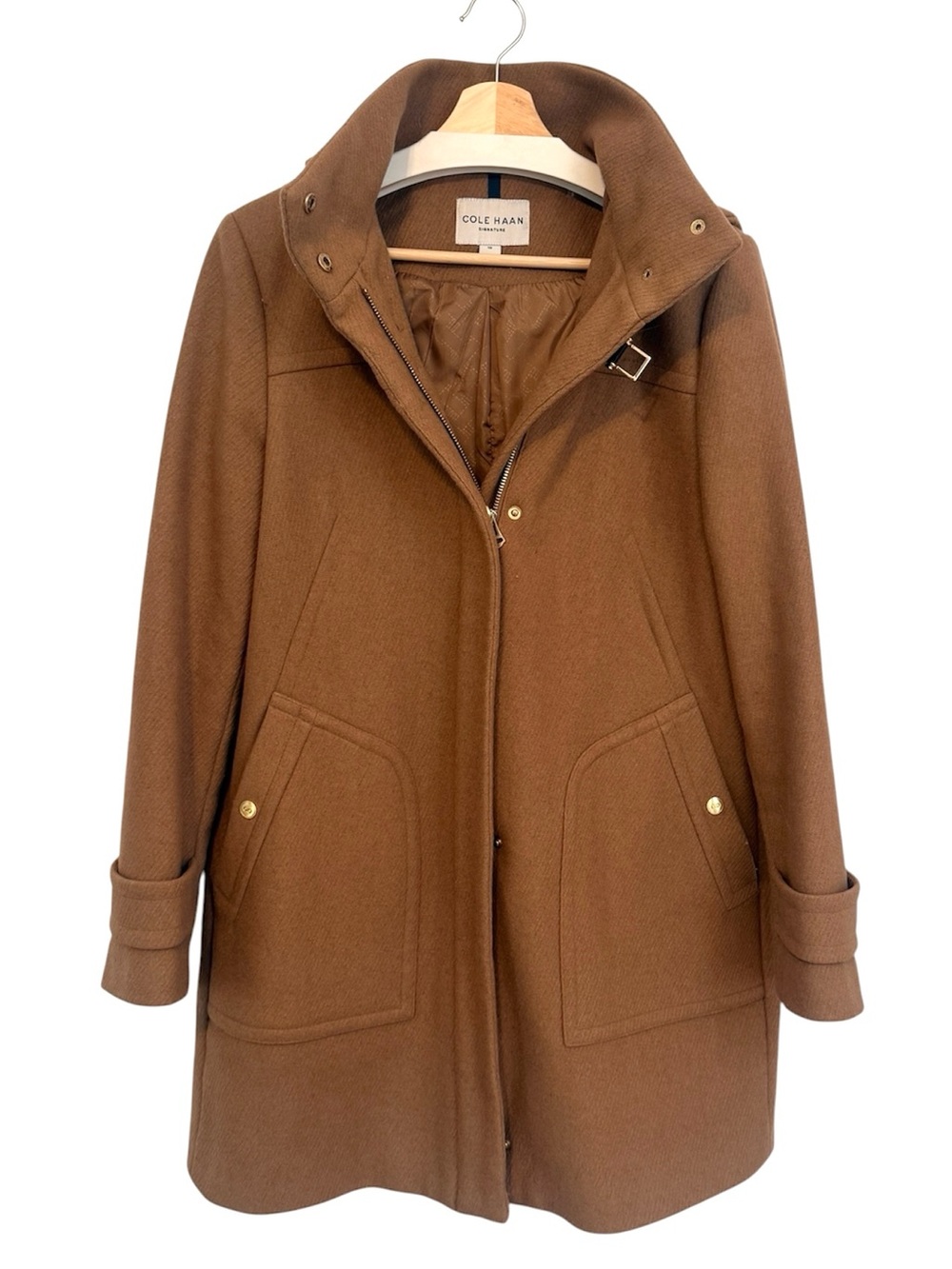 Cole Haan Signature Camel Brown Wool Hooded Pea Coat